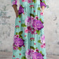 Women's Elegant Rose Floral Pattern V-Neck Cotton and Linen Dress with Pockets