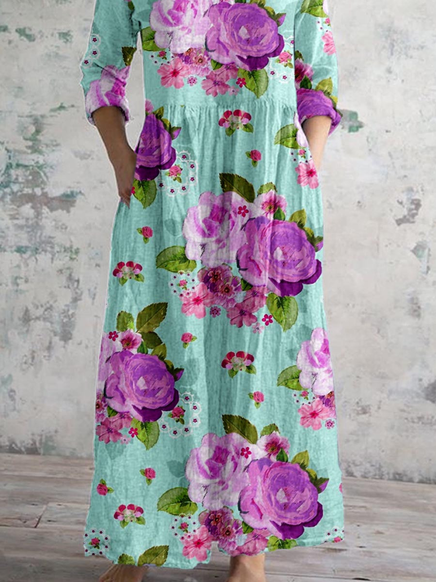 Women's Elegant Rose Floral Pattern V-Neck Cotton and Linen Dress with Pockets