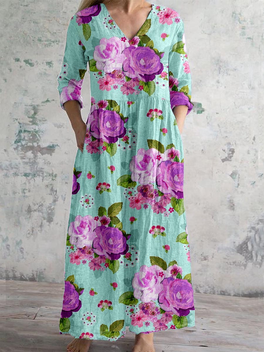 Women's Elegant Rose Floral Pattern V-Neck Cotton and Linen Dress with Pockets