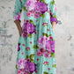 Women's Elegant Rose Floral Pattern V-Neck Cotton and Linen Dress with Pockets