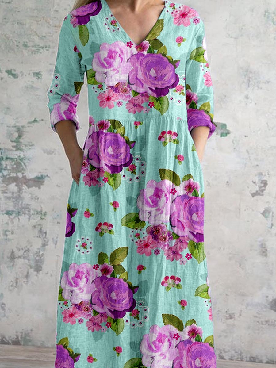 Women's Elegant Rose Floral Pattern V-Neck Cotton and Linen Dress with Pockets