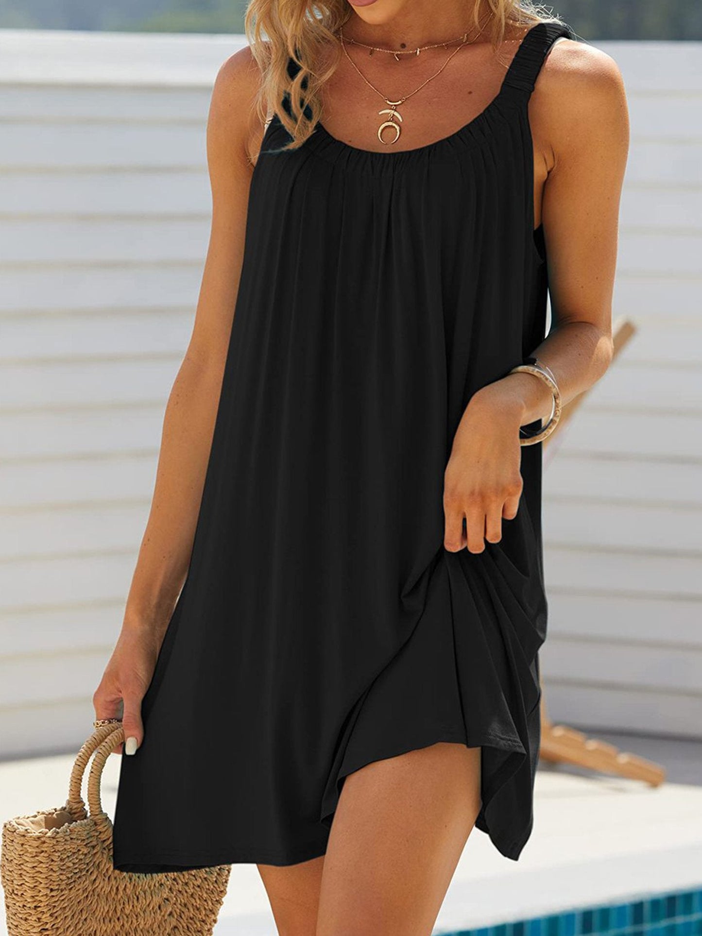 Solid Color Pleated Suspenders Dress Cover Up