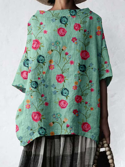 Women's Elegant Rose Floral Pattern Cotton and Linen Top