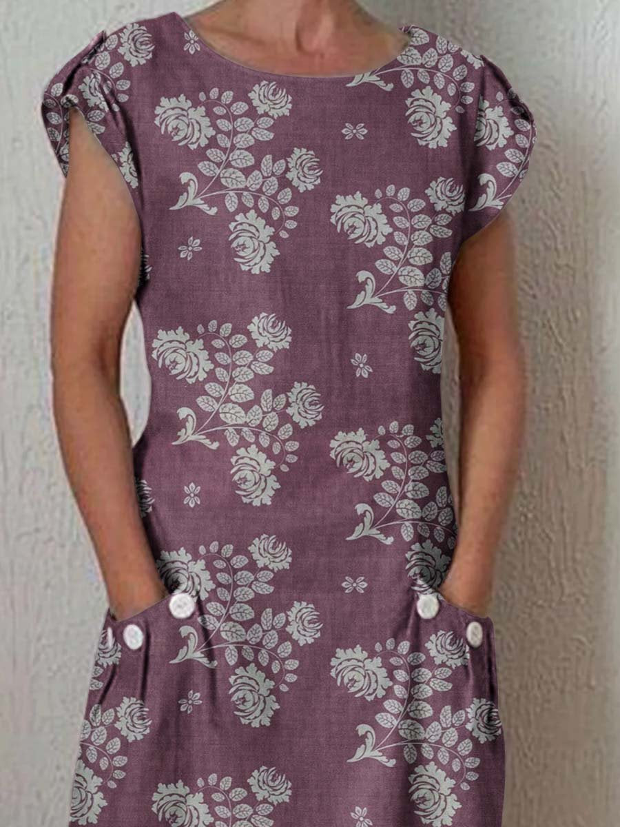 Women's Simple Elegant Decorative Floral Pattern Round Neck Cotton and Linen Dress