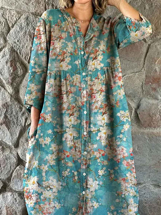 Women's Vintage Floral Pattern Shirt Style Cotton and Linen Dress