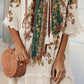 Women's Retro Bohemian Pattern Print V-Neck Strappy Raw Edge Cotton and Linen Dress