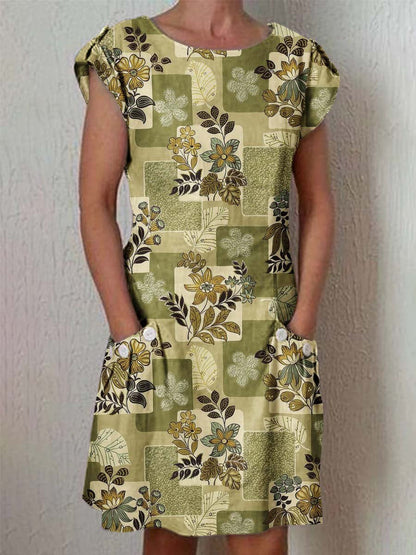 Women's Elegant Floral Pattern Crew Neck Dress