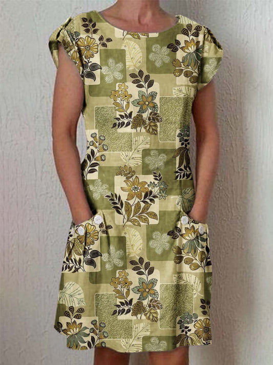 Women's Elegant Floral Pattern Crew Neck Dress