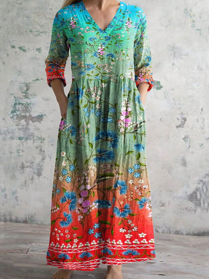 Women's Art Rainbow Floral Print V-Neck Cotton and Linen Dress