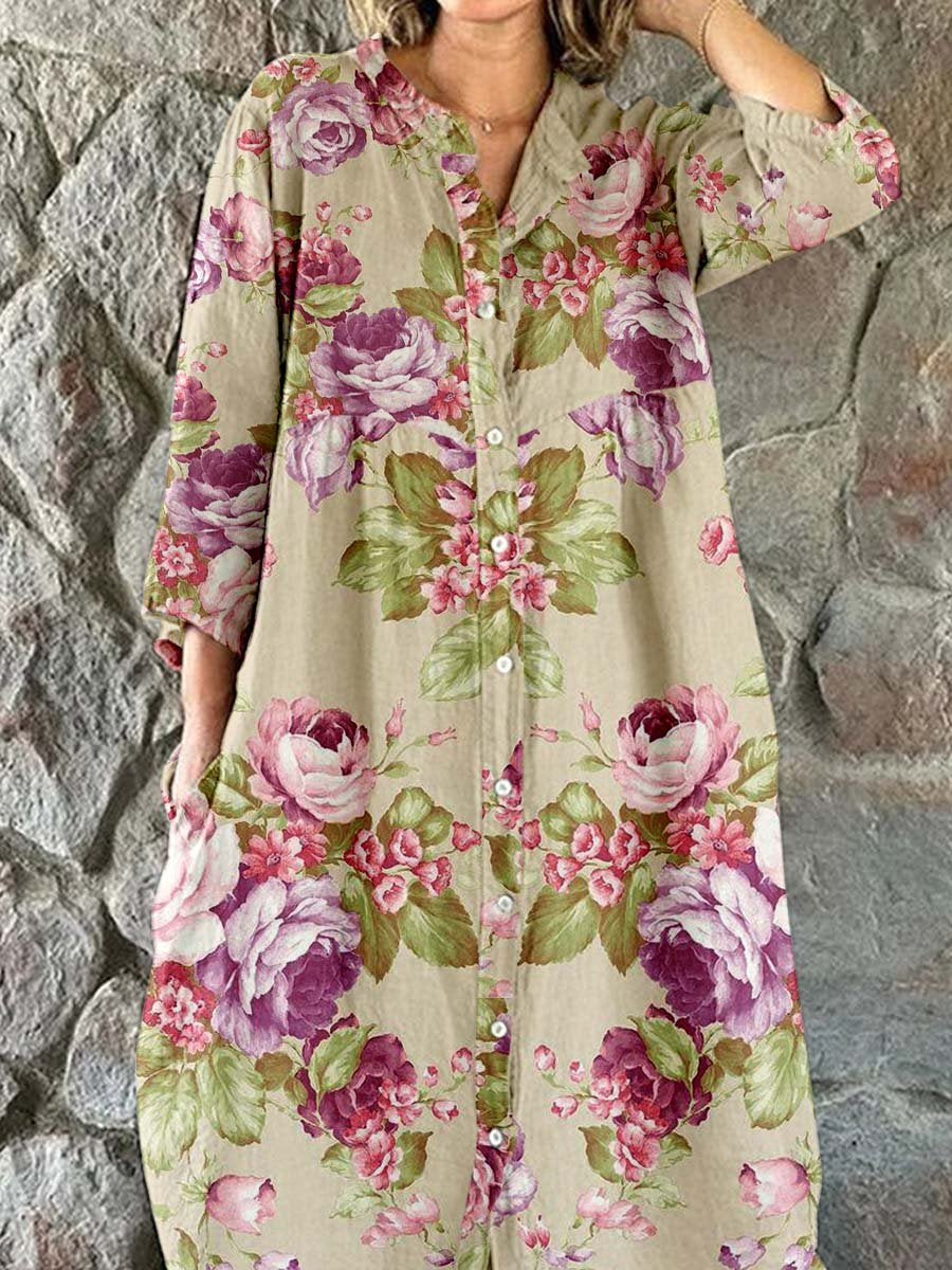 Women's Elegant Rose Floral Print Shirt Style Cotton and Linen Dress