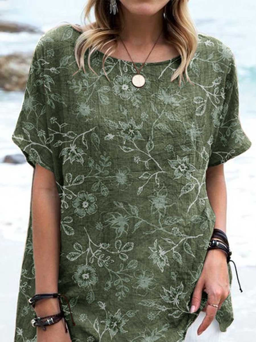 Women's Elegant Decorative Floral Pattern Round Neck Cotton and Linen Top