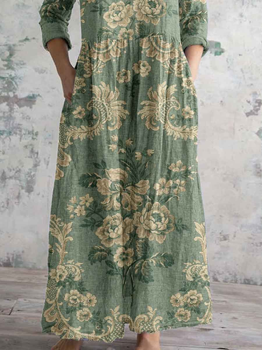 Women's Elegant Ink Painting Floral Pattern Cotton and Linen Dress with Pockets