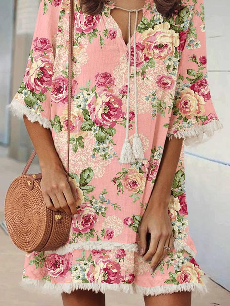 Women's Elegant Rose Floral Print V-Neck Strappy Raw Edge Cotton And Linen Dress