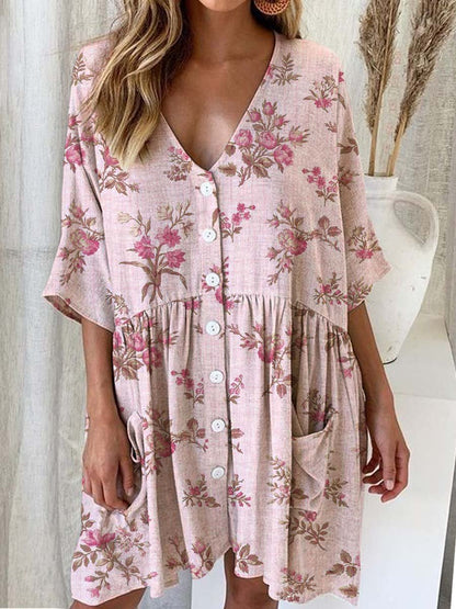 Women's Elegant Rose Floral Print Cotton and Linen Dress