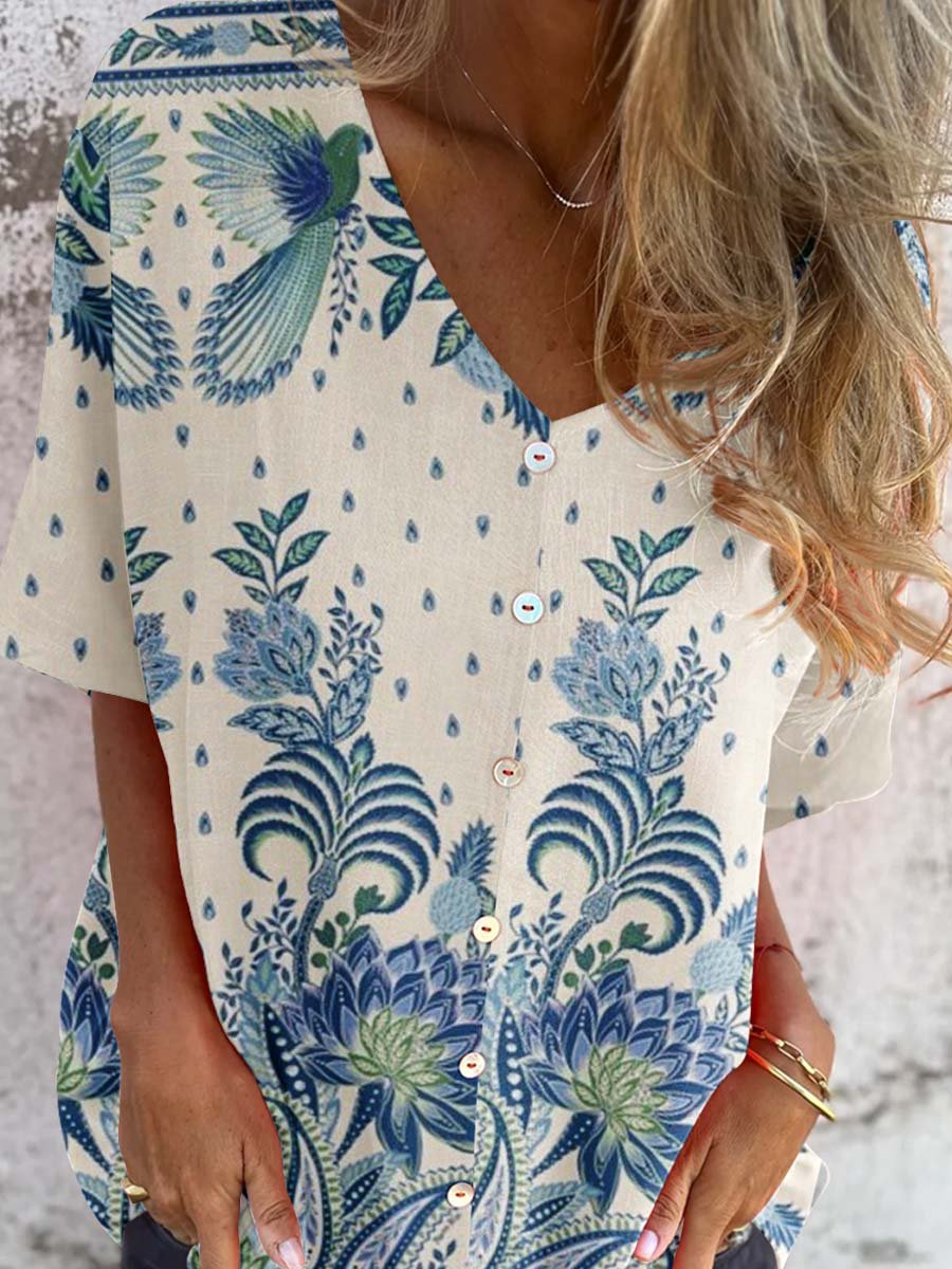 Women's Elegant Vintage Floral Pattern Shirt Style Cotton and Linen Top