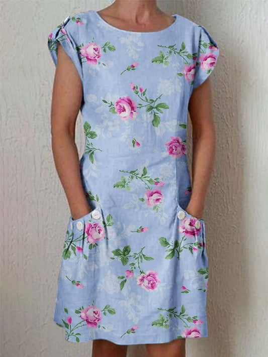 Women's Elegant  Rose Floral Cotton and Linen Dress