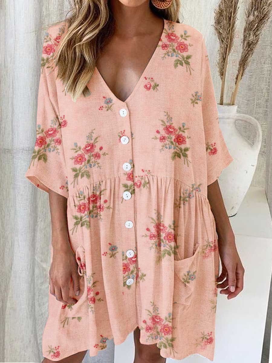 Women's Elegant Rose Floral Pattern V-Neck Cardigan Cotton and Linen Dress