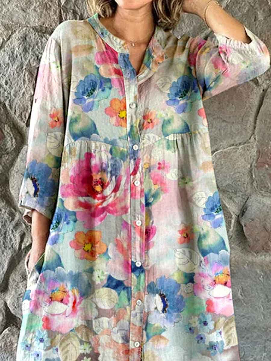 Women's Elegant Vintage  Floral Print Shirt Style Cotton and Linen Dress