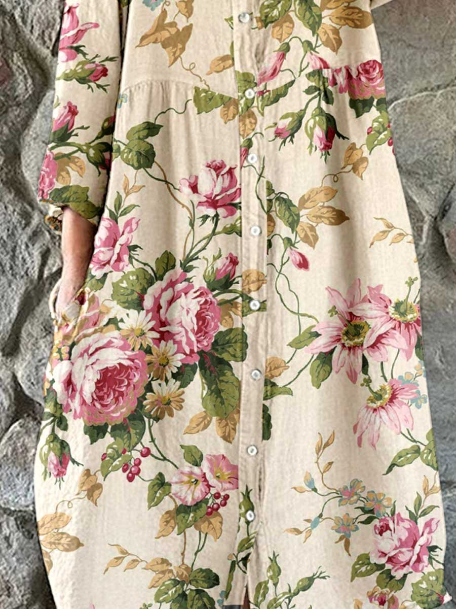 Women's Elegant  Rose Floral Pattern Shirt Style Cotton and Linen Dress