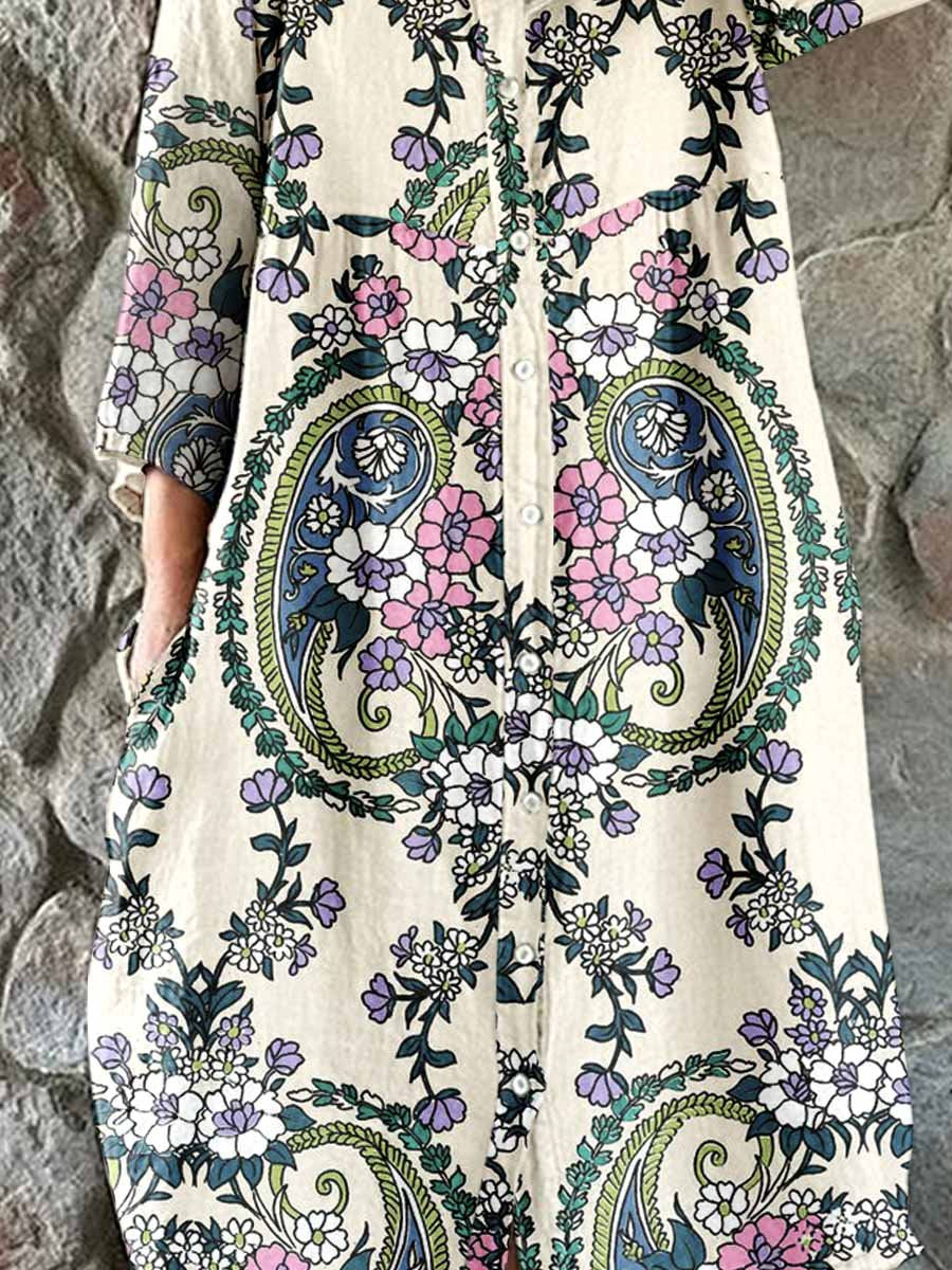 Women's Paisley Shirt Style Cotton And Linen Dress