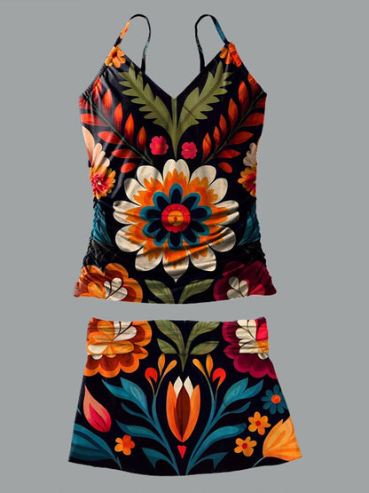 V-Neck Black Retro Ethnic Flowers Print Suspender Skirt Tankini Pantskirt Set Swimsuit