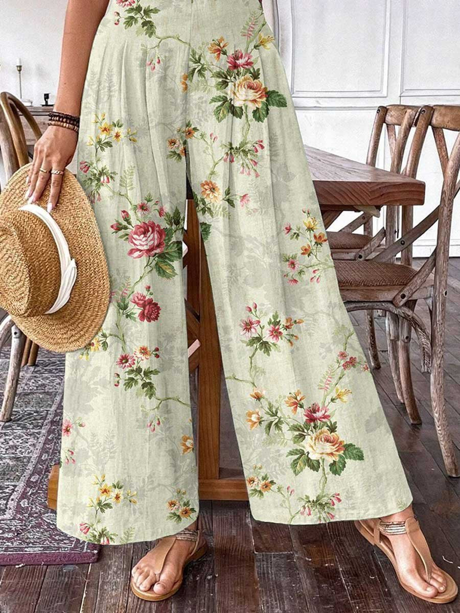 Women's Rose Floral Pattern Cotton Wide Leg Pants