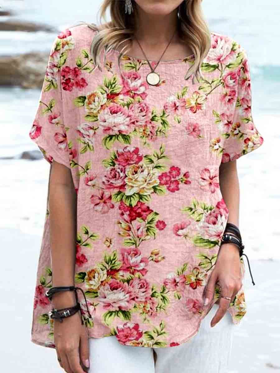 Women's Elegant Vintage Rose Floral Print Linen Top