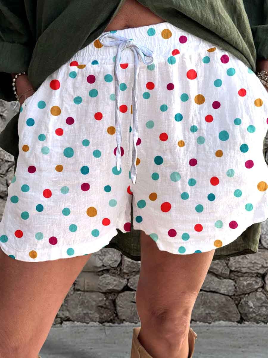 Women's Summer Polka Dot Printed Linen Strappy Shorts