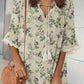 Women's Elegant Rose Floral Print V-Neck Strappy Raw Edge Cotton And Linen Dress