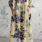 Women's Elegant Rose Floral Pattern V-Neck Cotton and Linen Dress with Pockets