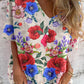 Women's Elegant Rose Floral Pattern V-Neck Shirt Style Cotton and Linen Top