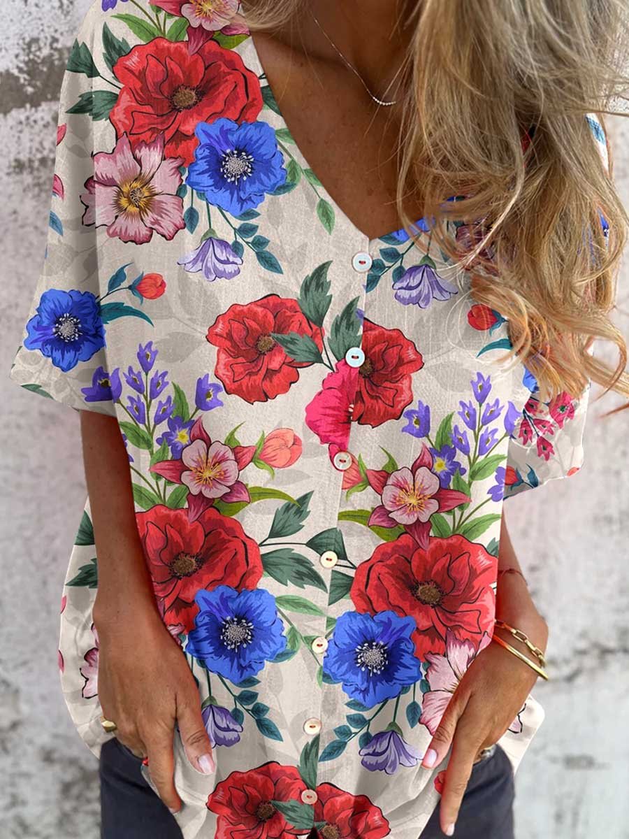 Women's Elegant Rose Floral Pattern V-Neck Shirt Style Cotton and Linen Top