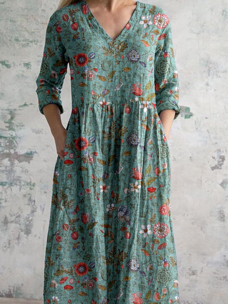 Women's Elegant Vintage Floral Pattern Cotton and Linen Dress with Pockets