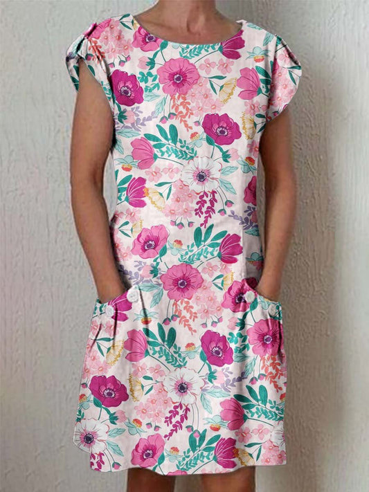 Women's Elegant Floral Pattern Round Neck Cotton and Linen Dress