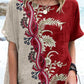 Women's Retro Elegant Floral Round Neck Cotton and Linen Top