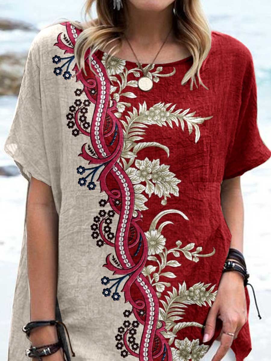 Women's Retro Elegant Floral Round Neck Cotton and Linen Top