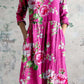 Women's V Neck Art Rose Floral Pattern Dress With Pockets