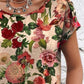 Women's Floral Pattern Print Decorative Button Round Neck Short Sleeve Cotton T-shirt Top