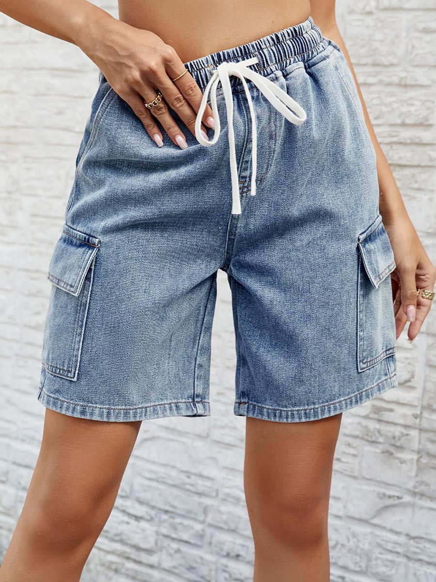 Women's Distressed Lace-up Elastic Waist Denim Shorts