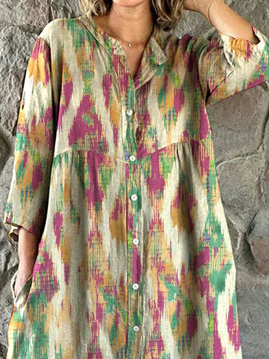 Women's Elegant Color Gradient Texture Pattern Shirt Style Cotton and Linen Dress