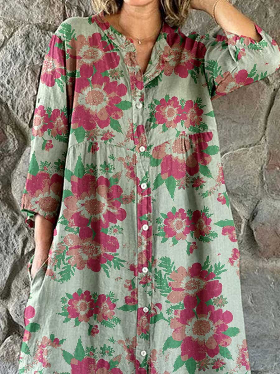 Women's Floral Art Print Cotton and Linen Shirt Dress