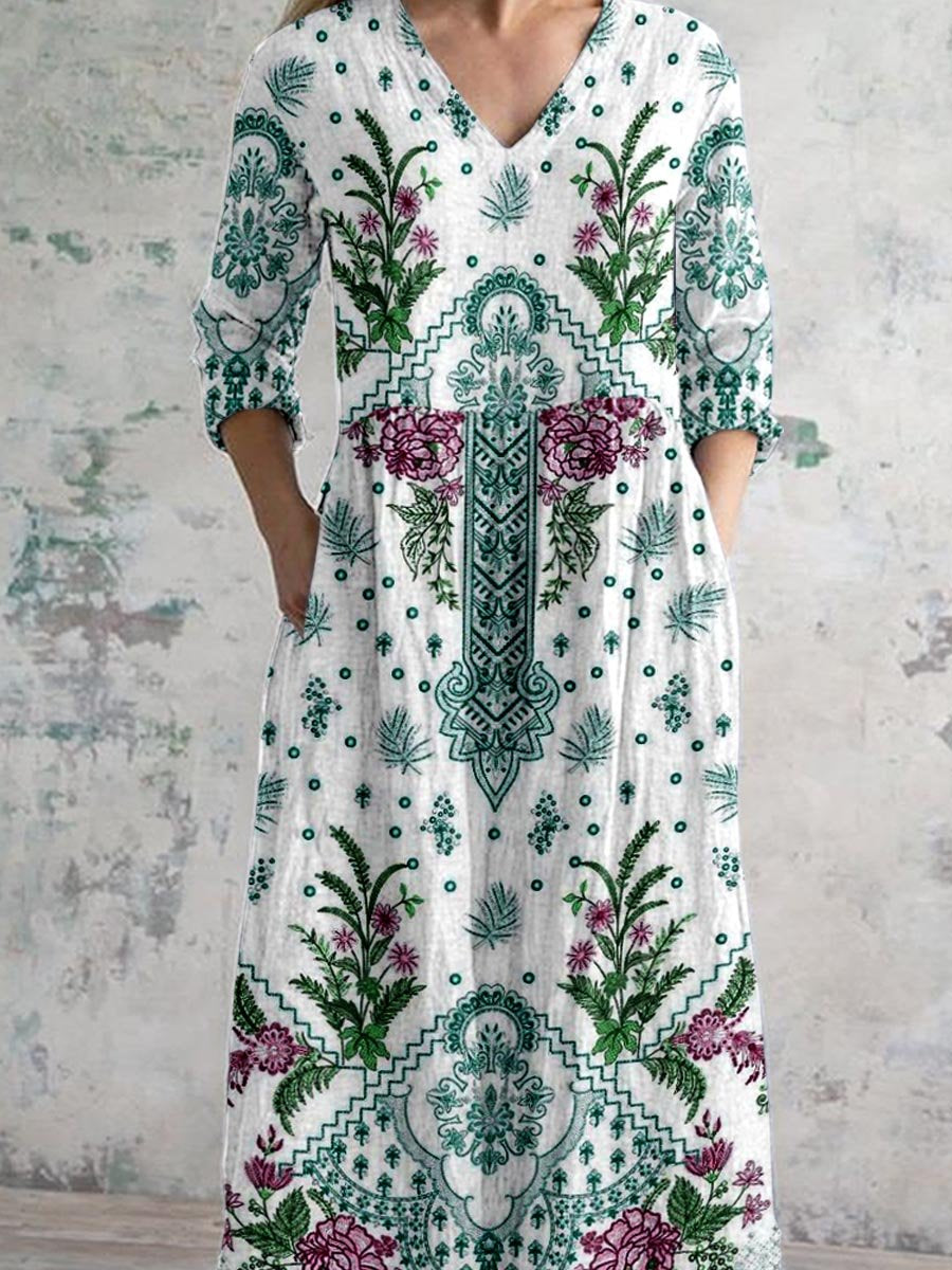 Women's Bohemian Floral V-Neck Cotton and Linen Dress with Pockets