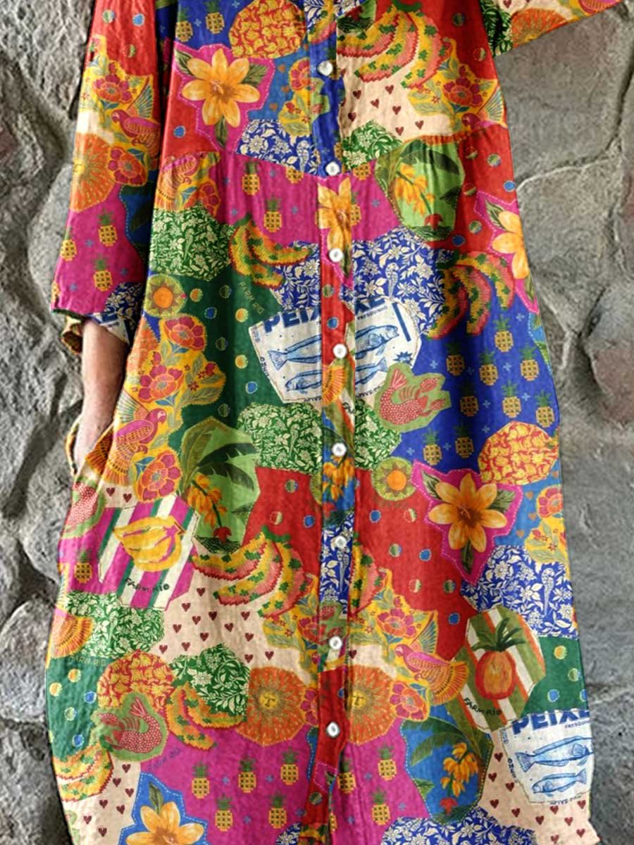 Women's Summer Colorful Floral Shirt Style Cotton and Linen Dress