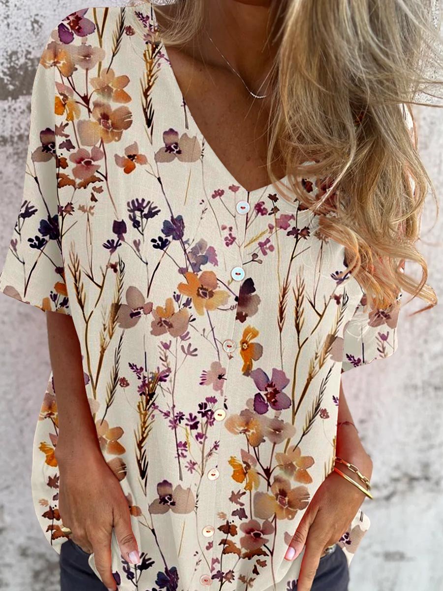 Women's Elegant Floral Pattern Shirt Style Cotton and Linen Top