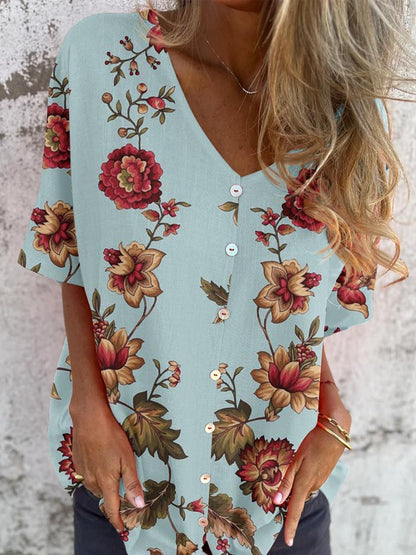 Women's Elegant Floral Pattern Shirt Style Cotton and Linen Top