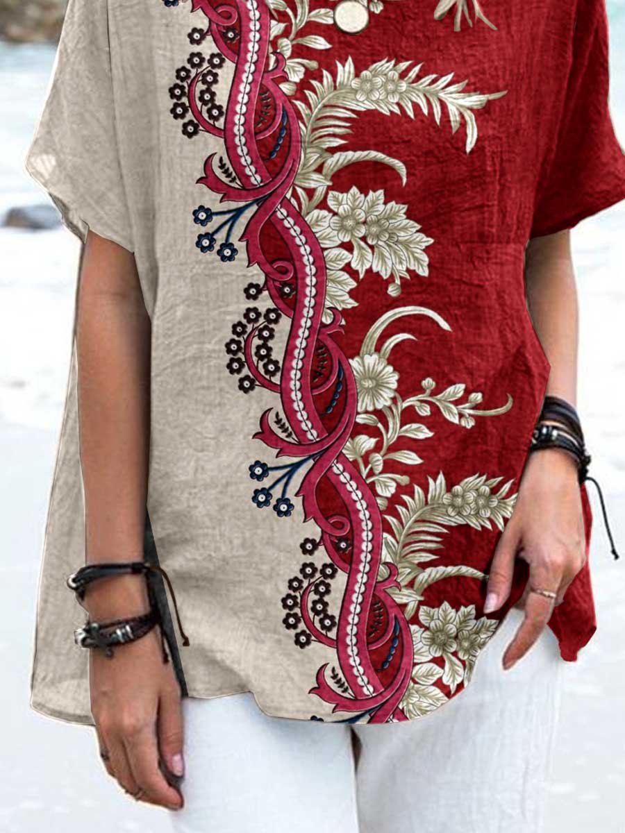 Women's Retro Elegant Floral Round Neck Cotton and Linen Top