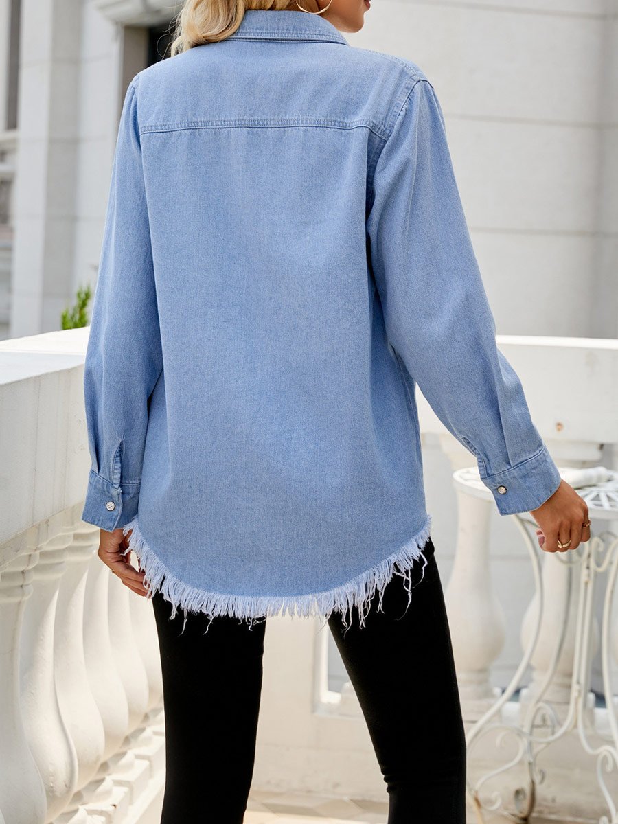 Women's distressed raw edge denim shirt