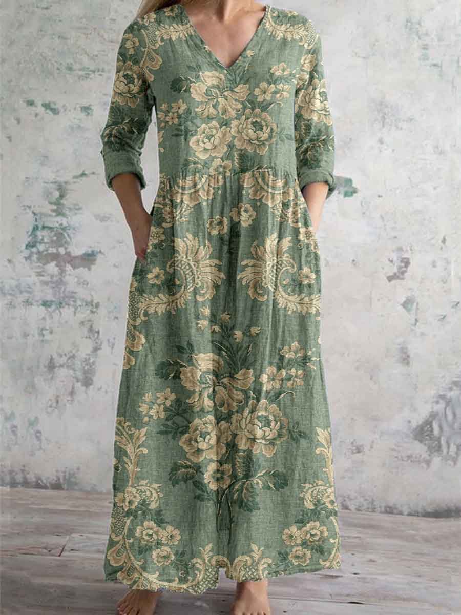 Women's Elegant Ink Painting Floral Pattern Cotton and Linen Dress with Pockets