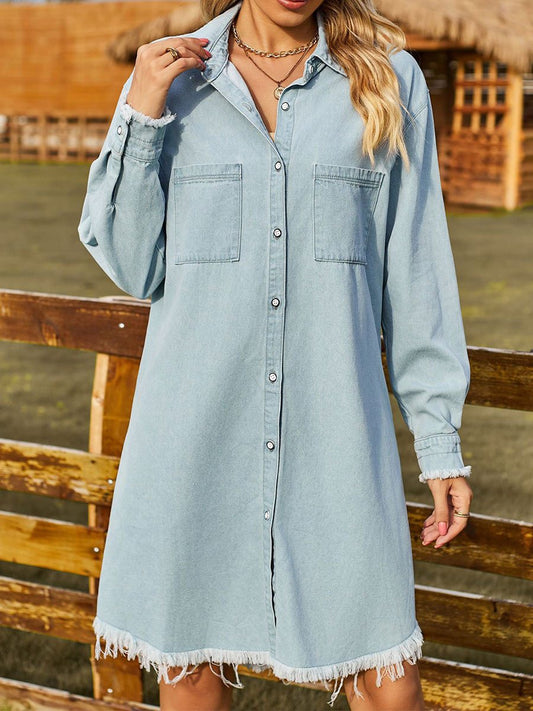 Women's Retro Washed Denim Long Sleeve Raw Edge Dress