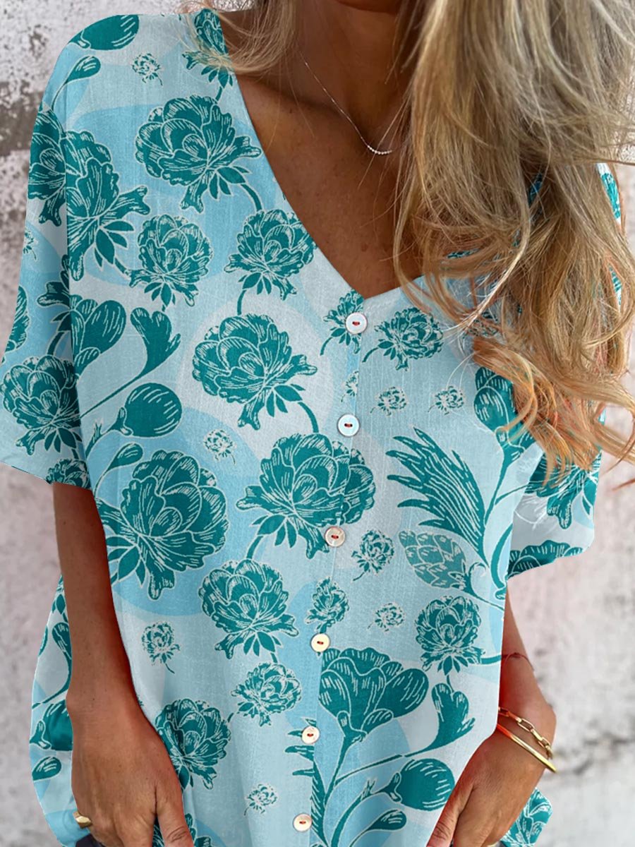 Women's Elegant Floral Pattern Shirt Style Cotton and Linen Top